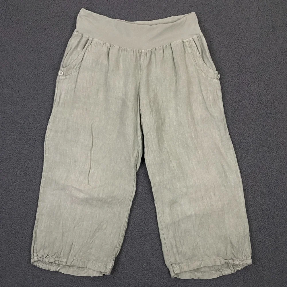 100% Linen Pants Womens 2XL Green Wide Leg Cropped Elastic Waist Lagenlook Italy